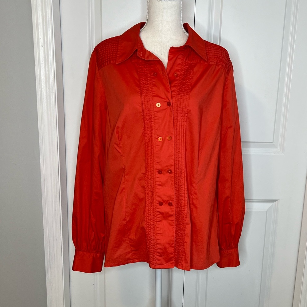 Oscar De La Renta Orange Red Button Down Shirt Pleated Detail Blouse XL Designer